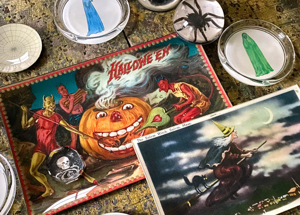 Spooky Halloween glass decoupage trays on a table