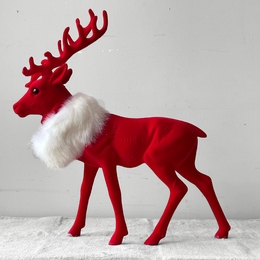 Large Flocked Red Reindeer with White Fur Scarf