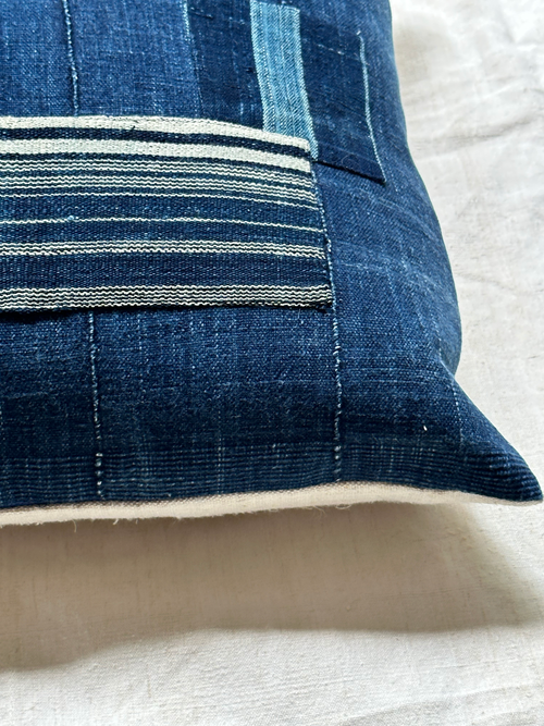 Custom Indigo Patchwork Pillow with Linen Backing (#47)