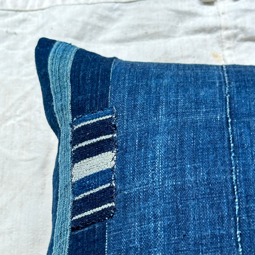 Custom Indigo Patchwork Pillow with Linen Backing (#47)