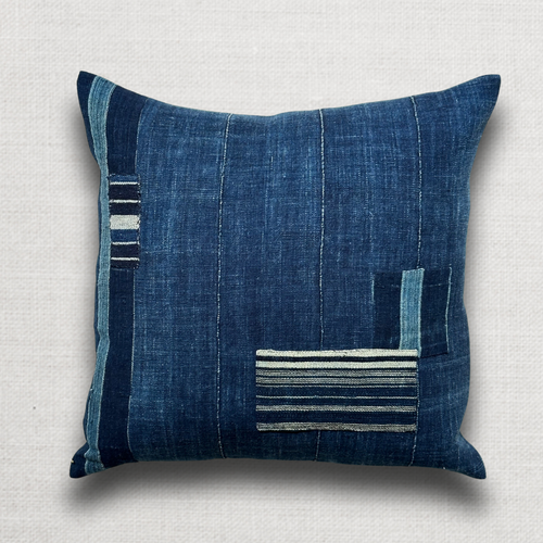 Custom Indigo Patchwork Pillow with Linen Backing (#47)