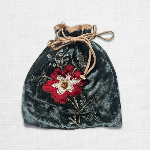 Ruby New Big Flower Embroidered Silk Velvet Pouch in Nightshade