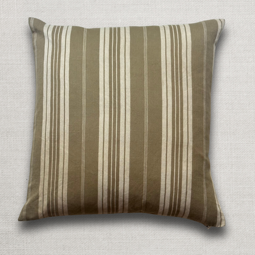 19th Century French Dusty Olive & White Ticking Pillow (#112)