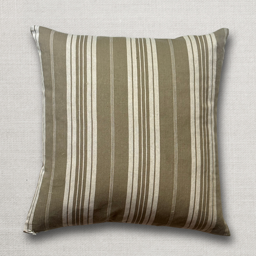 19th Century French Dusty Olive & White Ticking Pillow (#112)