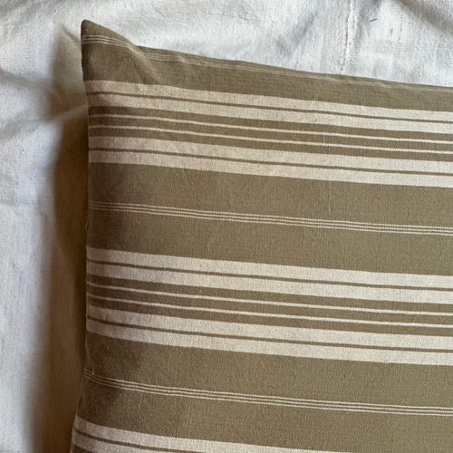 19th Century French Dusty Olive & White Ticking Pillow (#112)