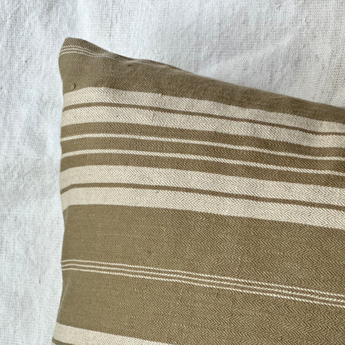 19th Century French Dusty Olive & White Ticking Pillow (#112)