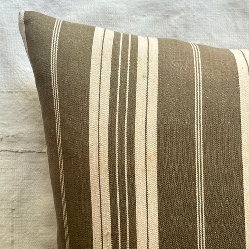 19th Century French Dusty Olive & White Ticking Pillow (#116)