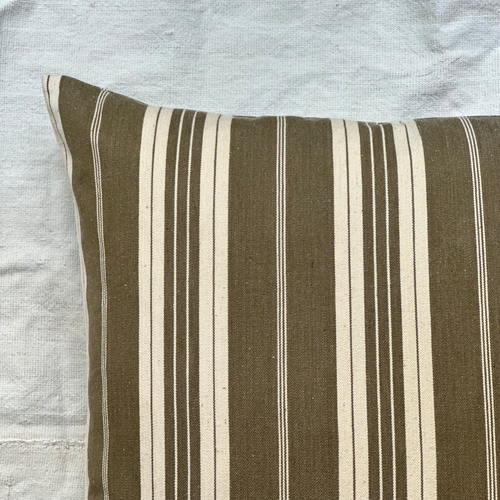 19th Century French Dusty Olive & White Ticking Pillow (#118)