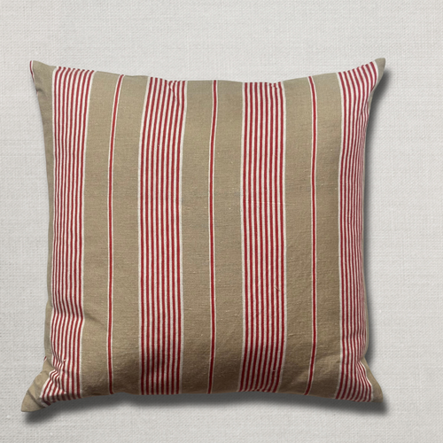 19th Century French Beige, Red & White Ticking Pillow (#123)