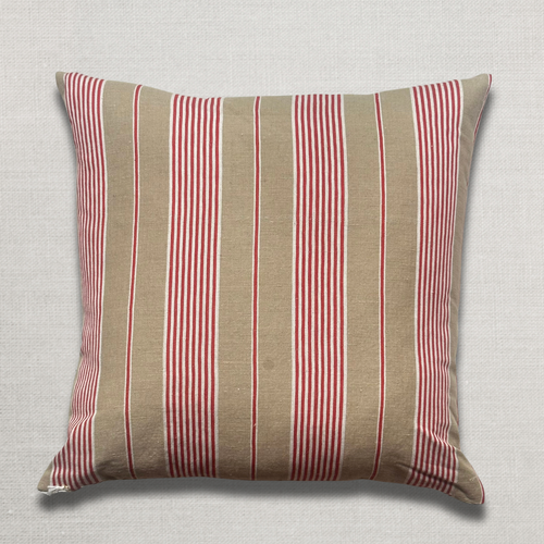 19th Century French Beige, Red & White Ticking Pillow (#123)