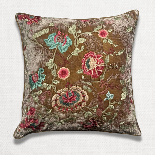 Jade Embroidered Silk Velvet Cushion in Sage