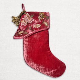 Livia Embroidered Silk Velvet Holiday Stocking in Poppy