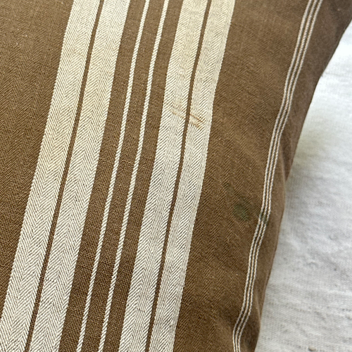 19th Century French Dusty Olive & White Ticking Pillow (#158)