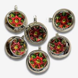 Set of 6 Large Nostalgic Silver Reflector Ornaments with Poinsettias