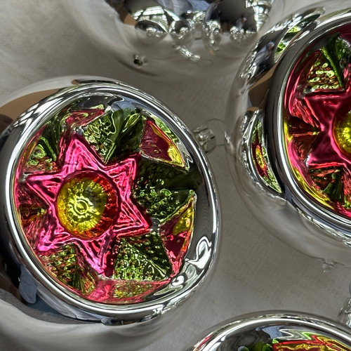 Set of 6 Large Nostalgic Silver Reflector Ornaments with Poinsettias