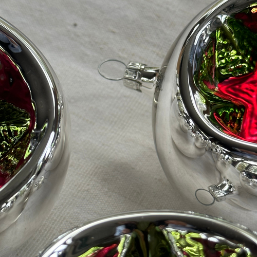 Set of 6 Large Nostalgic Silver Reflector Ornaments with Poinsettias