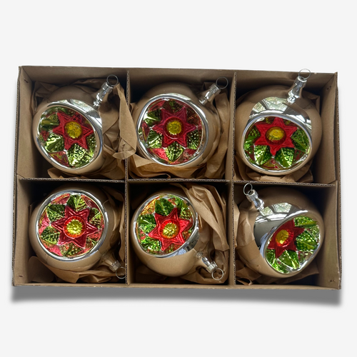 Set of 6 Large Nostalgic Silver Reflector Ornaments with Poinsettias