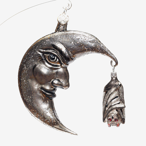 Grey Moon Crescent with Bat Ornament