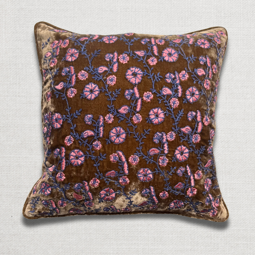 Primula Embroidered Silk Velvet Cushion in Light Brown