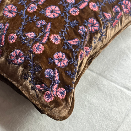 Primula Embroidered Silk Velvet Cushion in Light Brown