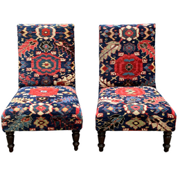Pair of Handmade Slipper Chairs Upholstered in Antique Caucasian Rug and Olya Thompson Lermontov Fabric