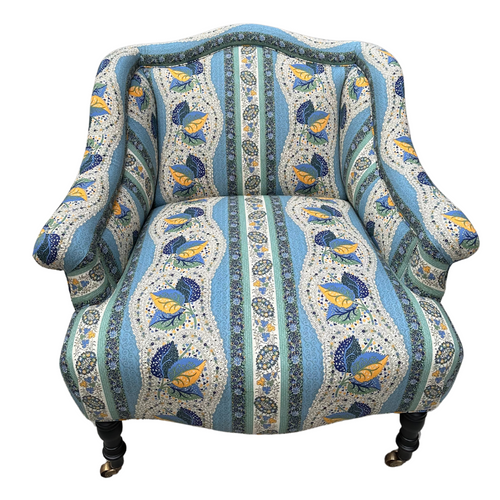 Custom Bog Chair in Décors Barbares Casse-noisette Blue Fabric