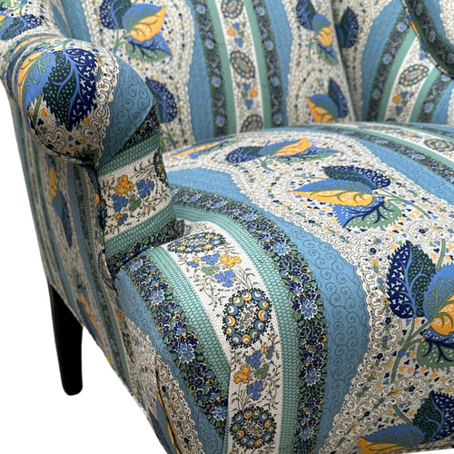 Custom Bog Chair in Décors Barbares Casse-noisette Blue Fabric