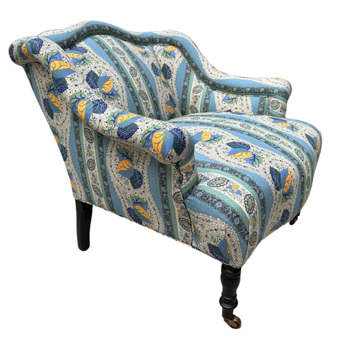 Custom Bog Chair in Décors Barbares Casse-noisette Blue Fabric