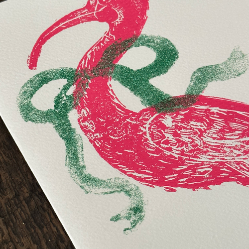 Block Printed Flamingo with Green Ribbon Folded Card