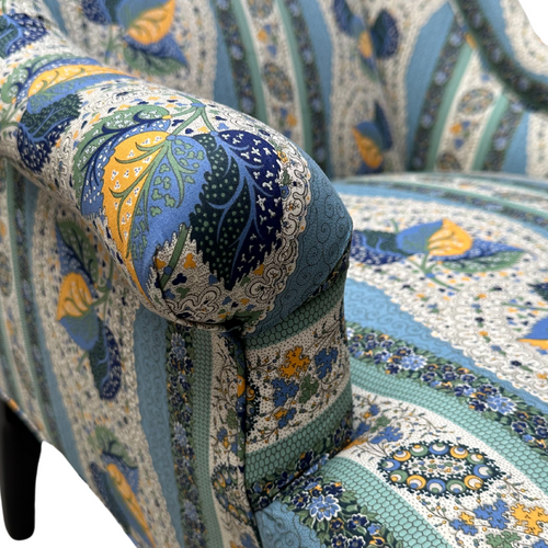 Custom Bog Chair in Décors Barbares Casse-noisette Blue Fabric