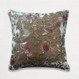 New Liza Embroidered Silk Velvet Cushion in Dark Oyster