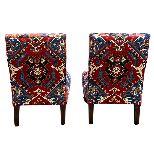 Pair of Handmade Slipper Chairs Upholstered in Antique Caucasian Rug and Olya Thompson Lermontov Fabric