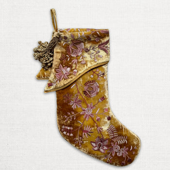 Madame Bovary Embroidered Silk Velvet Holiday Stocking in Shaded Oro