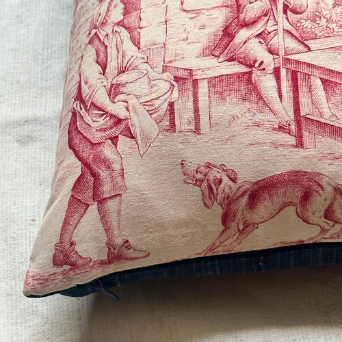 19th Century French Toile Pillow with Indigo Backing (#38)