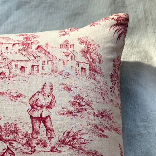 19th Century French Toile Pillow with Indigo Backing (#39)