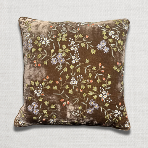 Sophia Small Flower Embroidered Silk Velvet Cushion in Light Brown