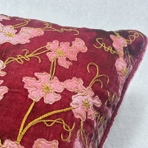 Azura Embroidered Silk Velvet Cushion in Shaded Light Rouge