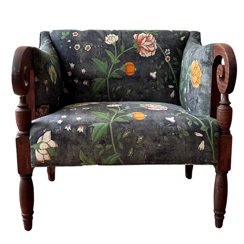 19th Century Empire Style Setée in John Derian for Pierre Frey "Le Paravent Chinois" in Irise Prairie Black Fabric