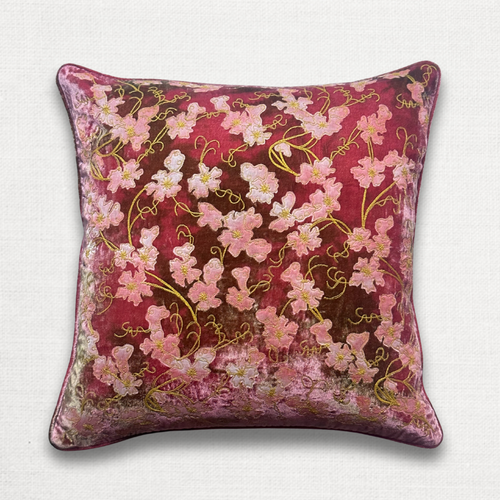 Azura Embroidered Silk Velvet Cushion in Shaded Light Rouge