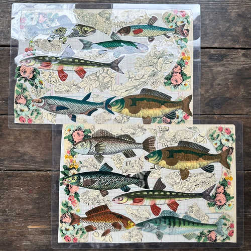 One of a Kind Collaged Fish Mat Pair (2-05 & 2-06)