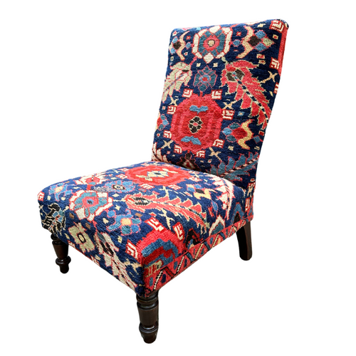 Pair of Handmade Slipper Chairs Upholstered in Antique Caucasian Rug and Olya Thompson Lermontov Fabric