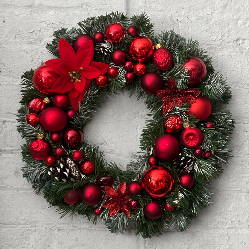 Nostalgic Red Decorated Holiday Wreath with Mixed Glass Ornaments