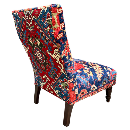 Pair of Handmade Slipper Chairs Upholstered in Antique Caucasian Rug and Olya Thompson Lermontov Fabric