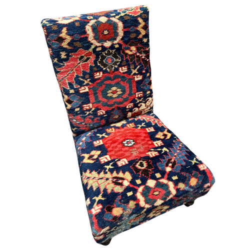 Pair of Handmade Slipper Chairs Upholstered in Antique Caucasian Rug and Olya Thompson Lermontov Fabric