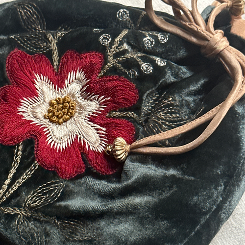 Ruby New Big Flower Embroidered Silk Velvet Pouch in Nightshade