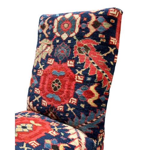 Pair of Handmade Slipper Chairs Upholstered in Antique Caucasian Rug and Olya Thompson Lermontov Fabric