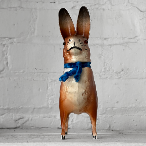 Papier-Mâché Standing Rabbit with Blue Neck Tie