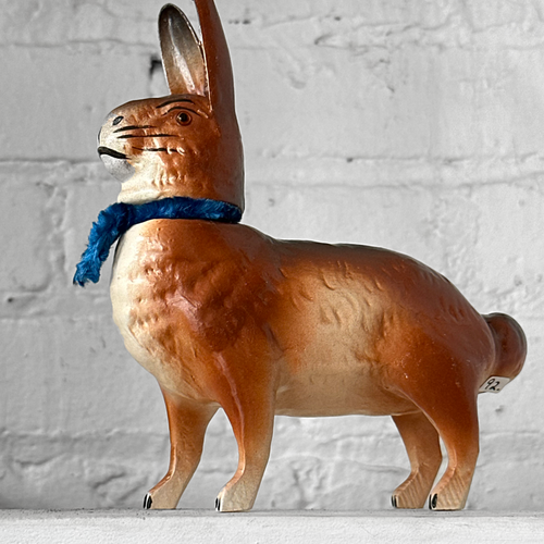 Papier-Mâché Standing Rabbit with Blue Neck Tie