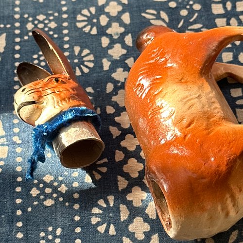 Papier-Mâché Standing Rabbit with Blue Neck Tie
