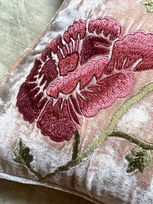 Delia Embroidered Silk Velvet Cushion in Pink Quartz